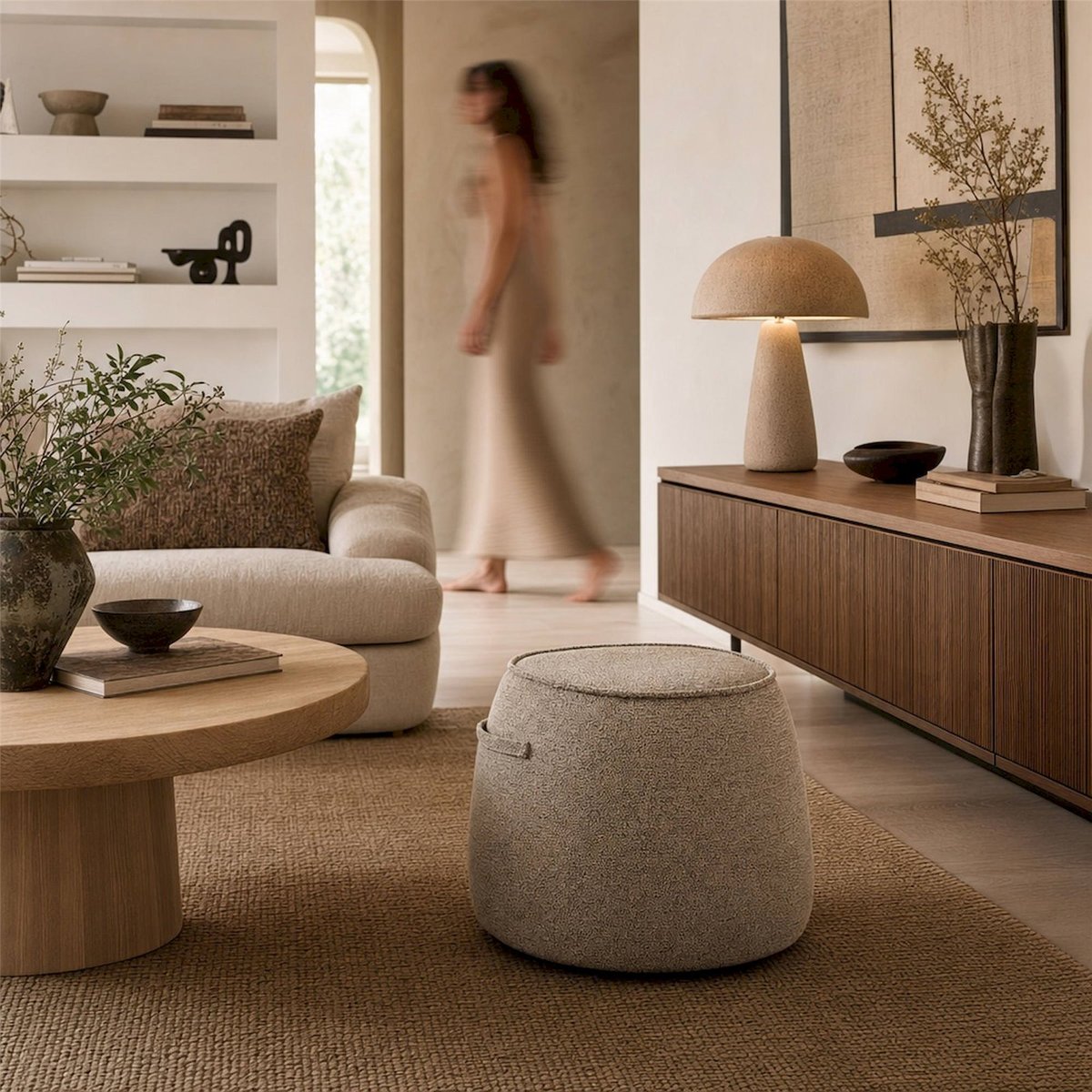 Pouf rond en tissu texturé marron et écru, RECOLLECTION