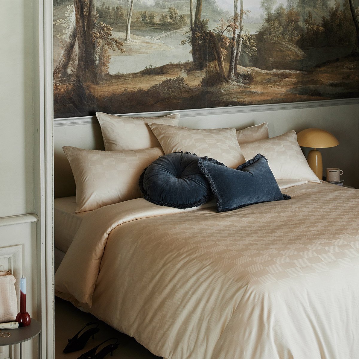 Housse de couette en satin de coton beige, DAMIER lune, DESFORGES