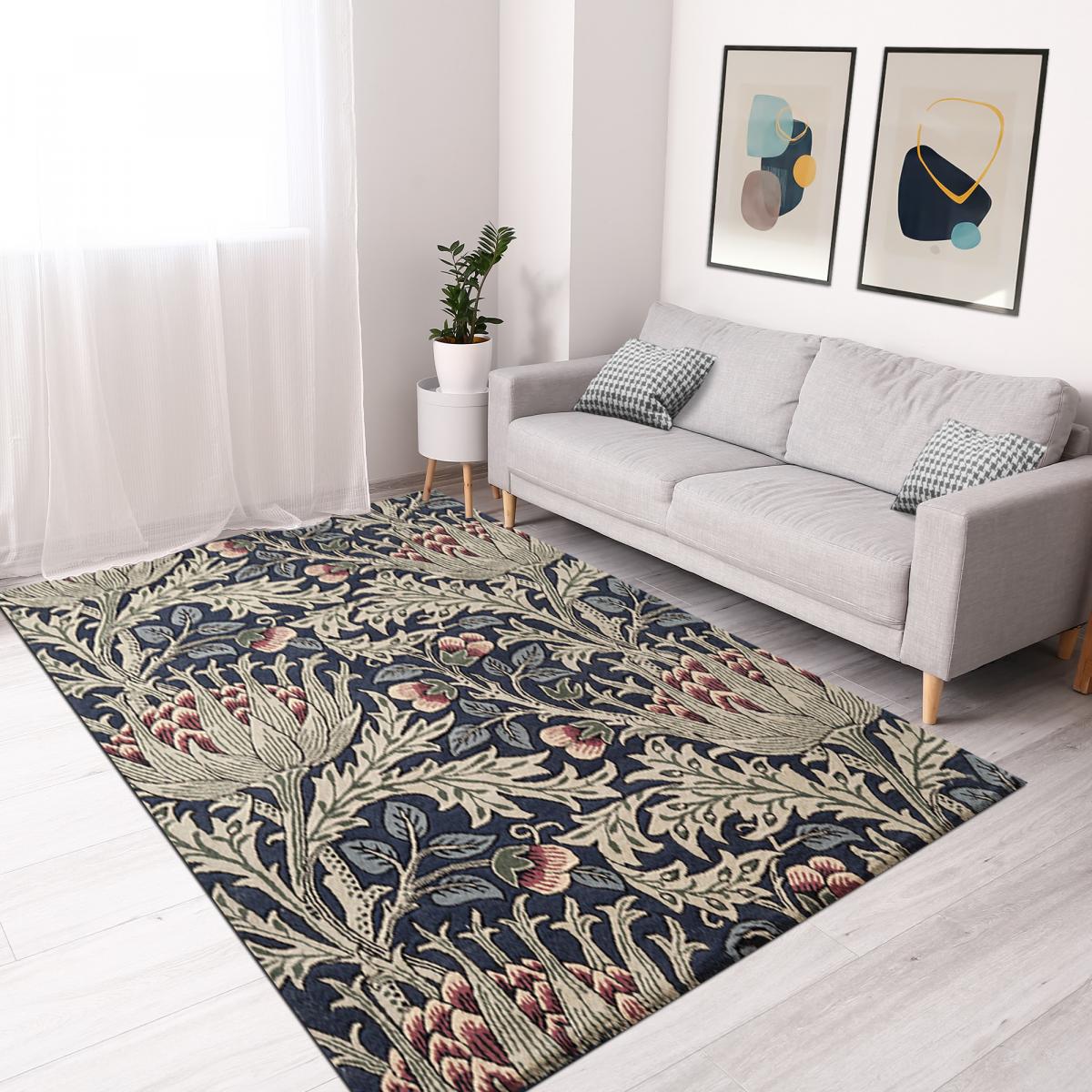 Tapis salon et chambre fait à la main en laine motif floral ARTICHOKE bleu, vert, UN AMOUR DE TAPIS