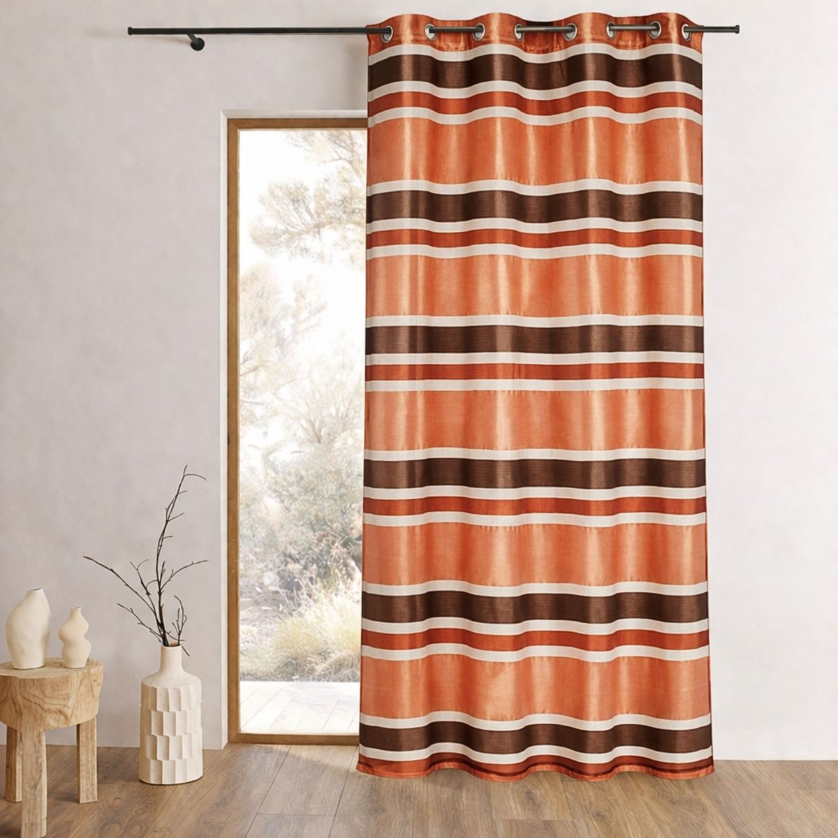 Voilage organza coloré aux rayures horizontales marron chocolat, HOME MAISON