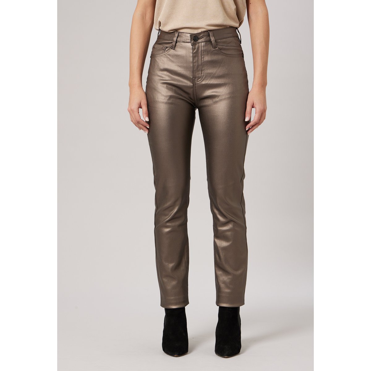 Pantalon slim femme en toile enduite LYSIE taupe, DEELUXE