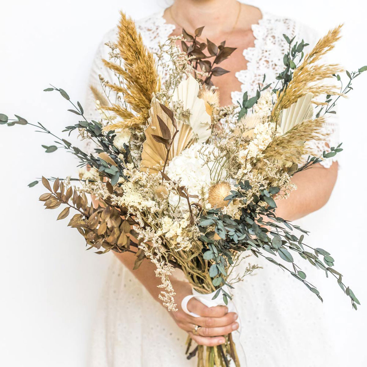 Bouquet de fleurs séchées MARGAUX blanc, beige, brun, RECONCILIATION VEGETALE