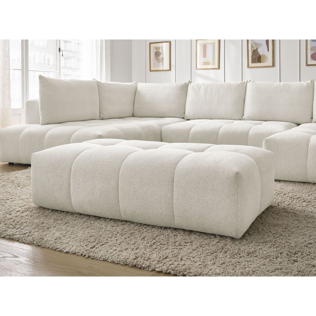 Canapé panoramique convertible 7 places en tissu chiné avec pouf, EVEREST blanc, BOBOCHIC