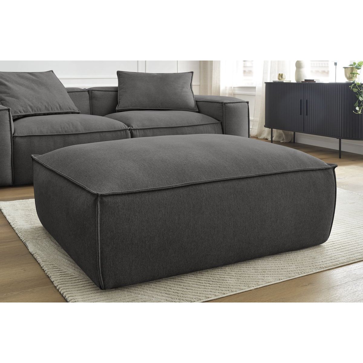 Canapé droit fixe 4 places en tissu chiné avec pouf, BOHEME gris foncé, BOBOCHIC