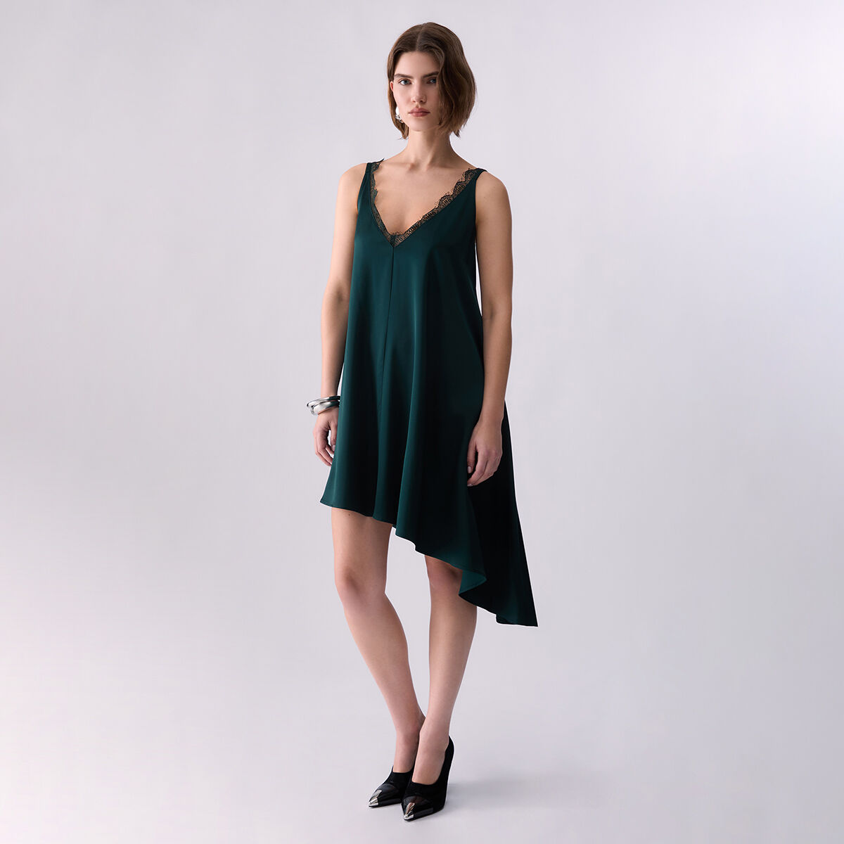 Robe Asymétrique en Satin vert foncé, LIU JO
