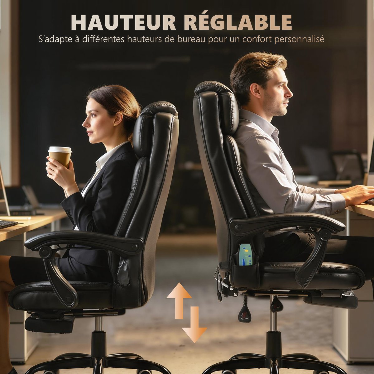 Fauteuil de bureau avec fonction massage noir, HOMCOM