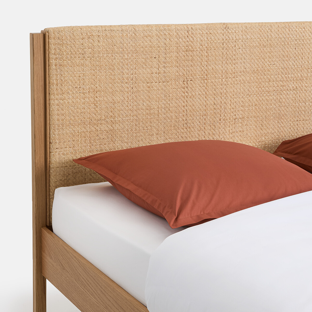 Bed met lattenbodem, eikenhout, eikenfineer en gevlochten rotan, ORA eikenhout, LA REDOUTE INTERIEURS