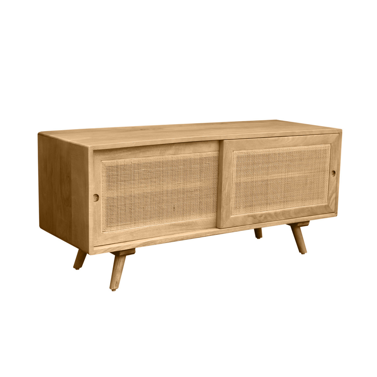 Meuble TV en bois manguier massif et cannage rotin L110 cm ACANGE chêne clair, MILIBOO