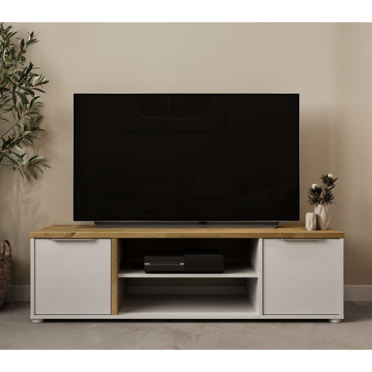 Meuble TV 2 portes et 2 niches décor chêne et blanc L135 cm - ACCESS bois clair, CALICOSY