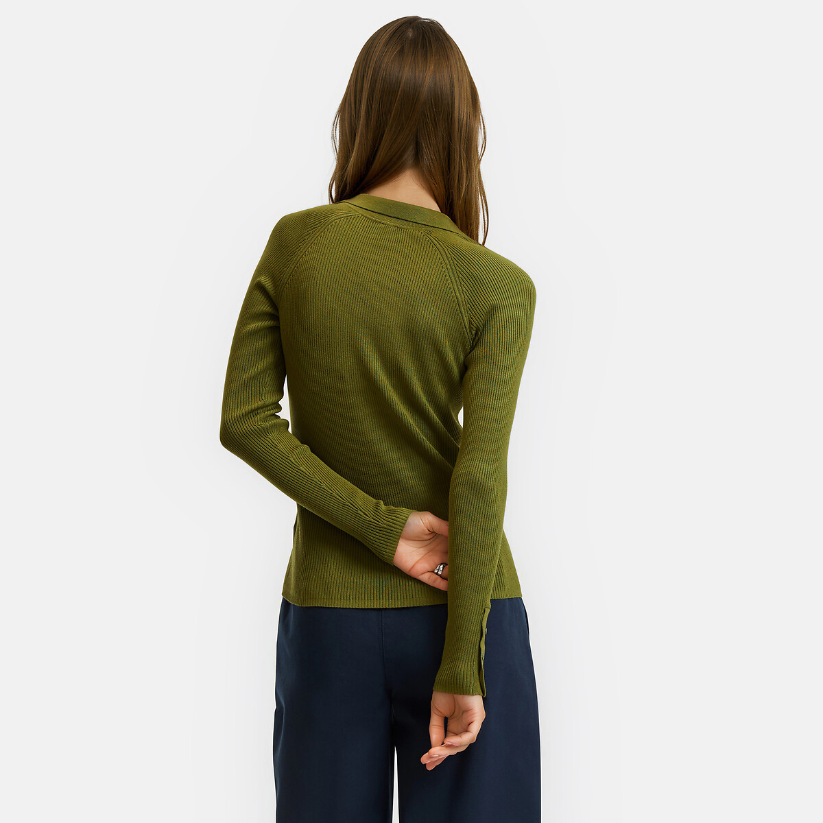 Ribbed Knit Polo Jumper khaki green, LA REDOUTE COLLECTIONS