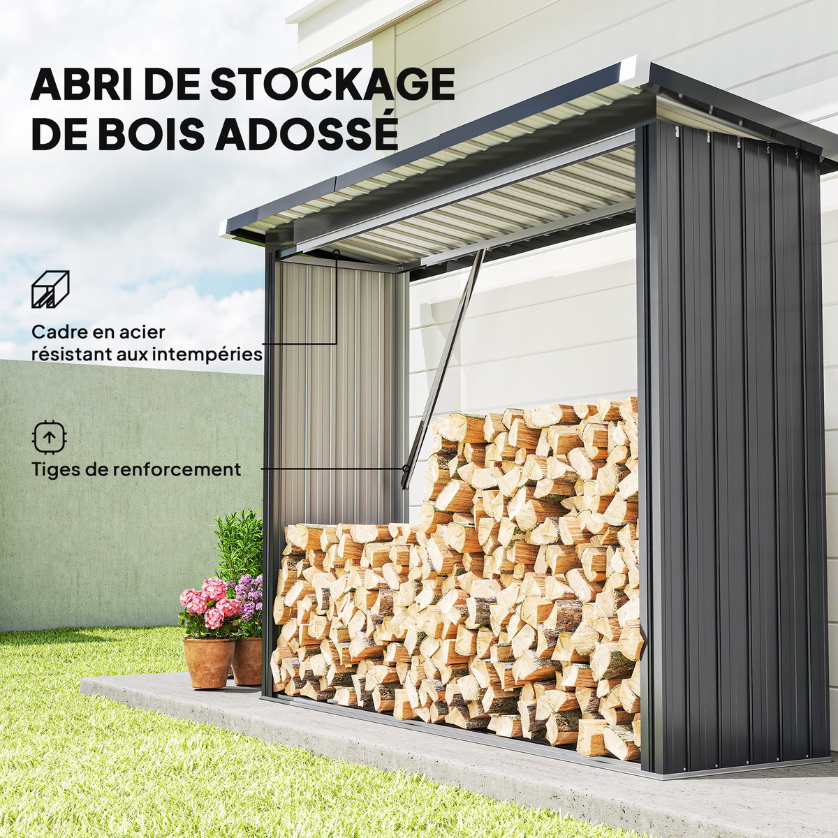 Abri pour le stockage du bois Acier galvanisé gris foncé, OUTSUNNY