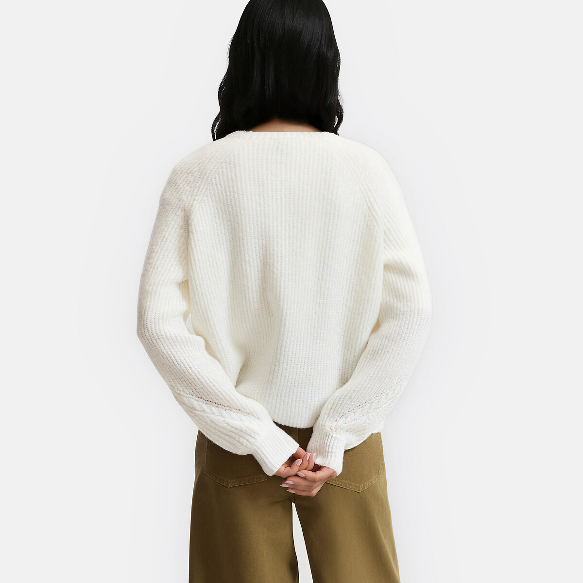Ribbed Crew Neck Cardigan ecru , LA REDOUTE COLLECTIONS