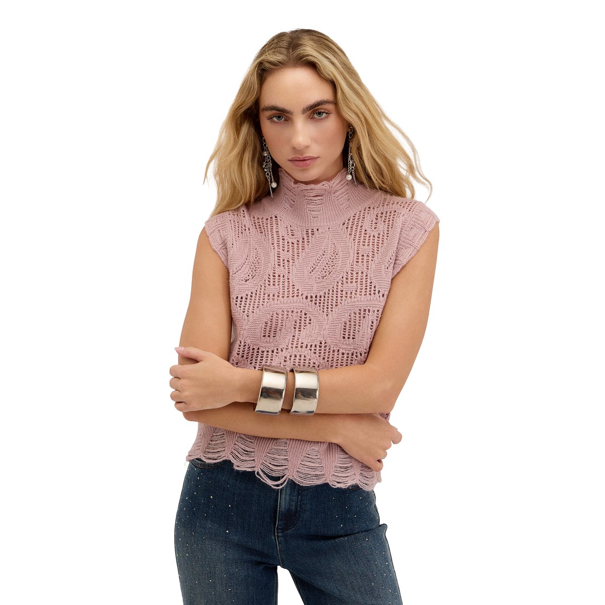 Col roulé en tricot effet dentelle rose, MOTIVI