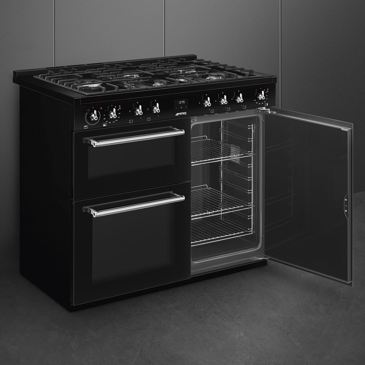 Piano de cuisson gaz 5 feux 100 cm noir noir brillant, SMEG