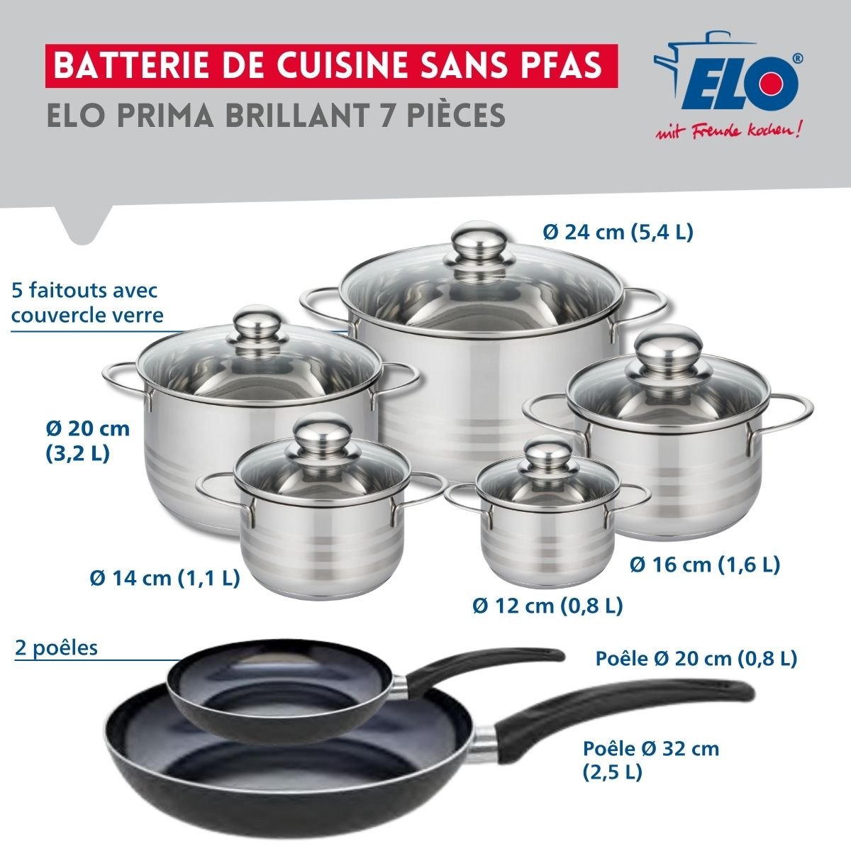 2 poêles 20/32cm + 5 faitouts 12/14/16/20/24cm PRIMA BRILLANT noir, ELO
