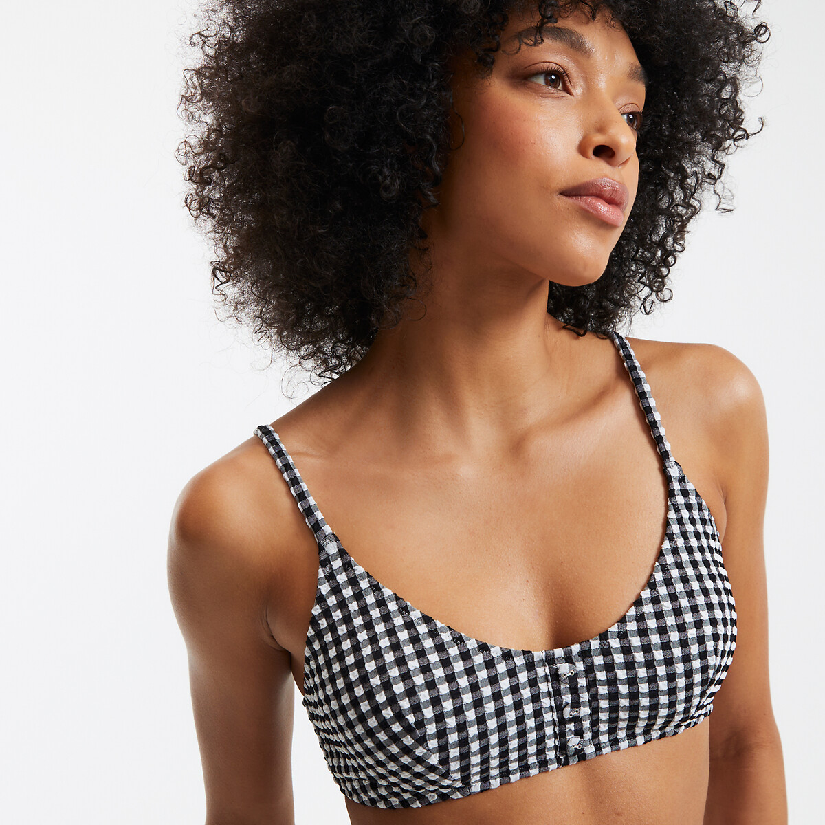 Bralette Bikini Top in Gingham Print black gingham check/white, LA REDOUTE COLLECTIONS