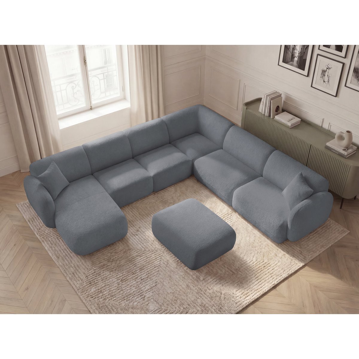 Canapé modulable 6 places en tissu chenille, ANDA gris, BOBOCHIC