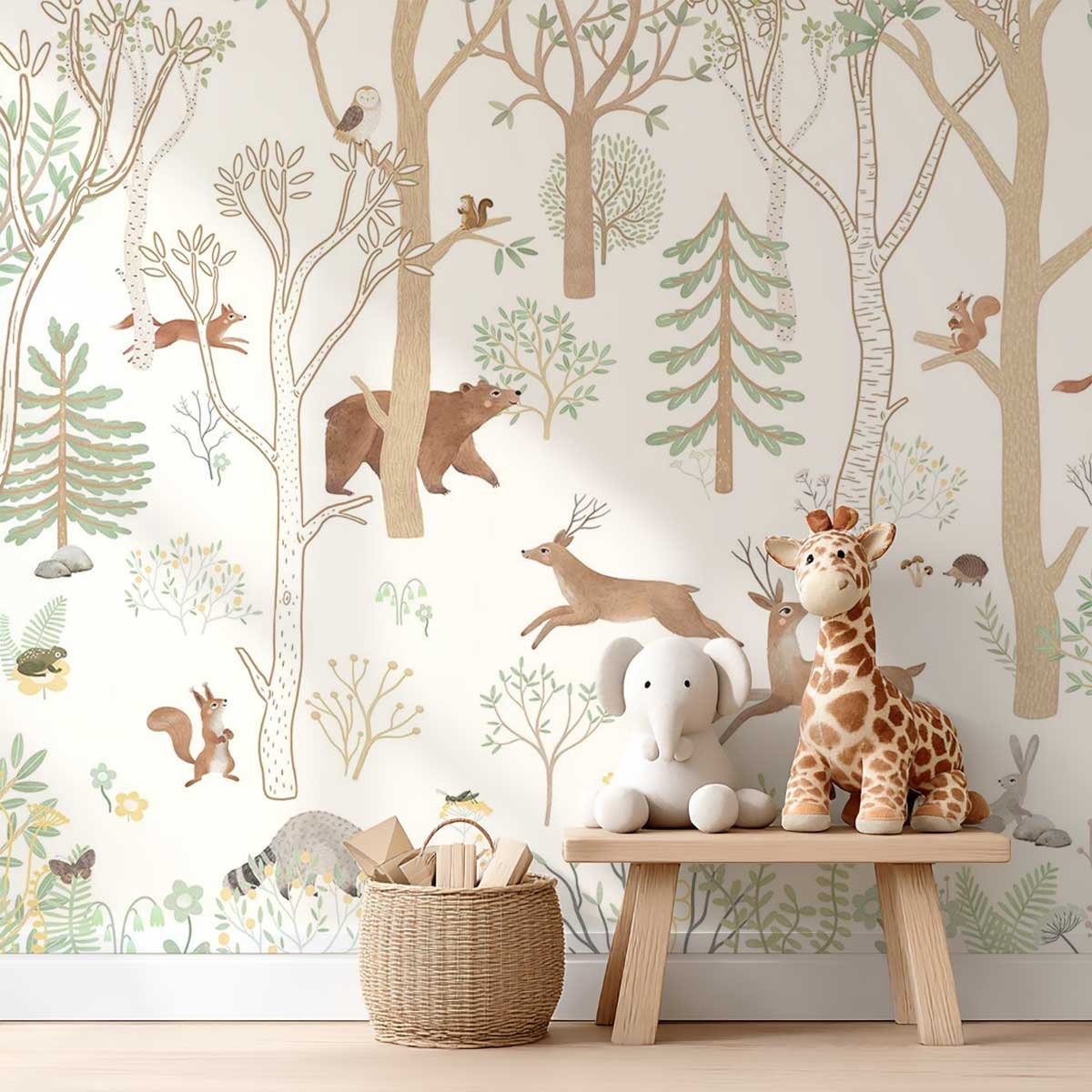 Papier peint bois animaux chambre bébé blanc, HEXOA