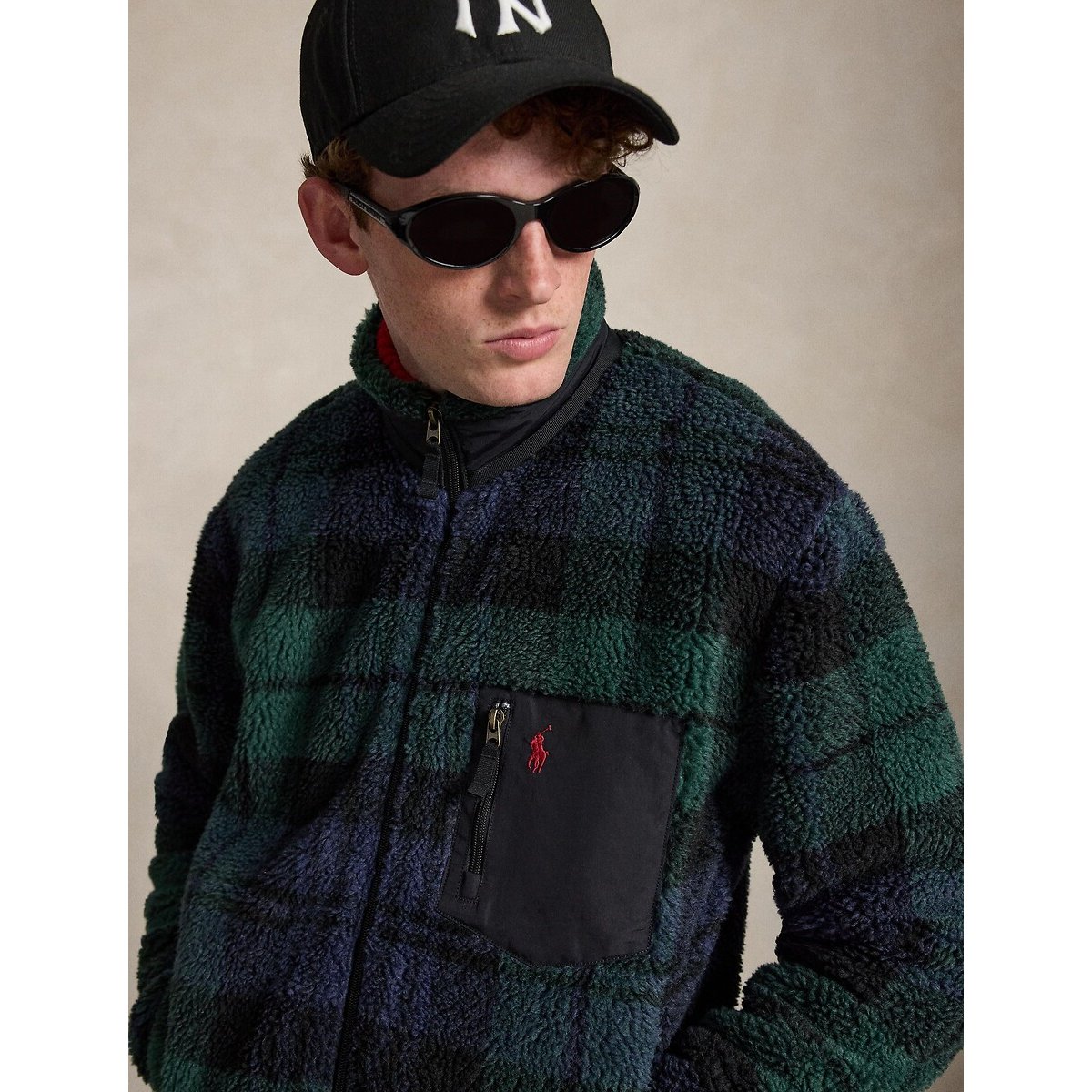 Sweat polaire, col montant, vintage carreaux vert/marine, POLO RALPH LAUREN