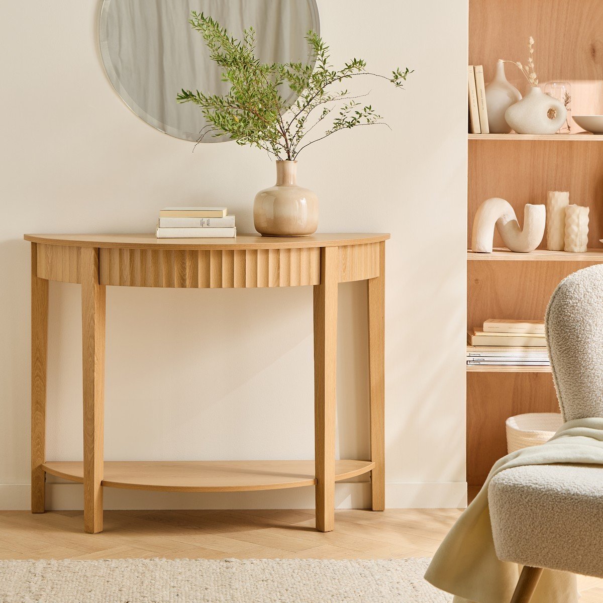 Console arrondie avec effet vague à 2 niveaux H76 cm - BOLOGNE bois clair, CALICOSY