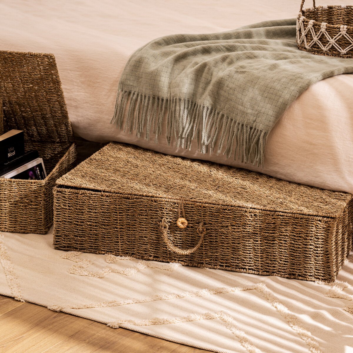 Lot de 2 paniers XL en paille tressée à poignées CORA beige, ATMOSPHERA