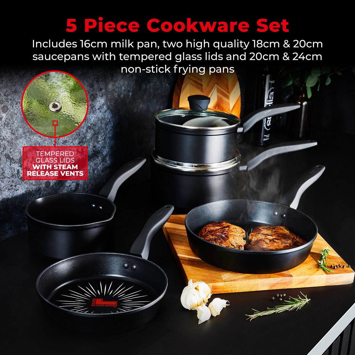 5-Piece Smart Start Gourmet Cookware Set black, TOWER