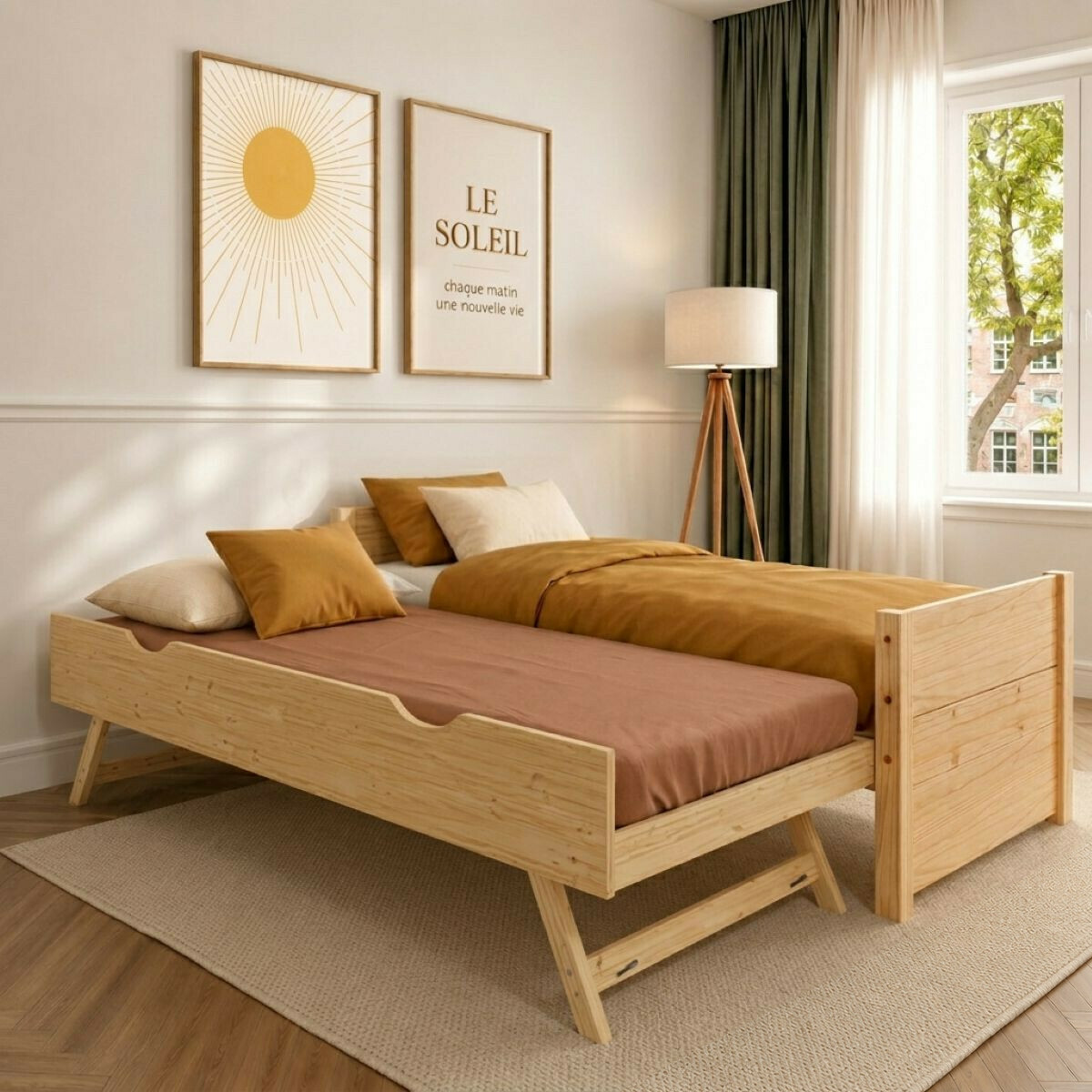 Pack lit banquette gigogne avec matelas Bois massif LOUW bois naturel, AKITEN RETAIL