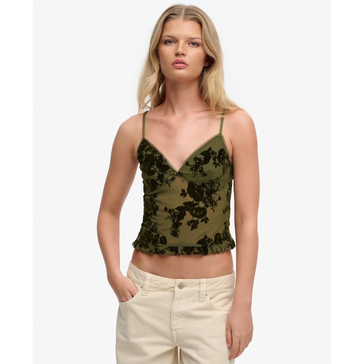 Top à Bretelles en Mesh Floqué vert sapin, SUPERDRY