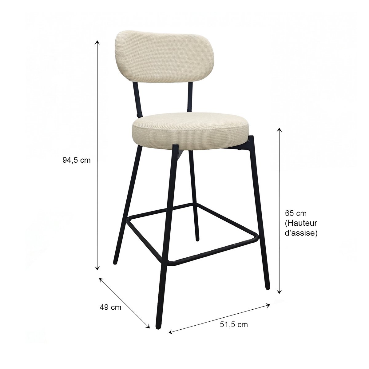 Chaises CELESTE îlot bar métal tissu velours côtelé H65cm blanc et noir, MOB IN