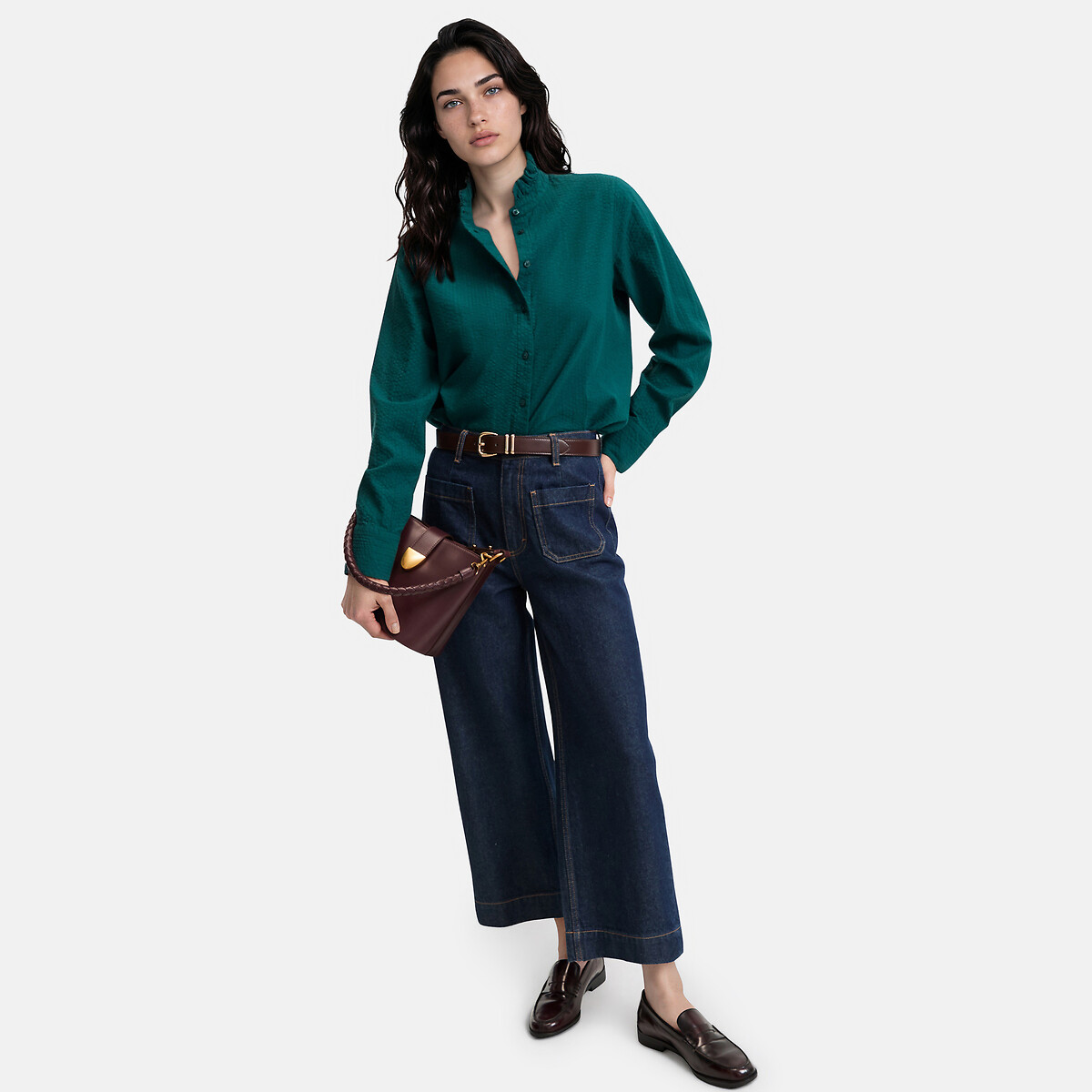 Camicia con colletto a volant e maniche lunghe in cotone seersucker verde scuro, LA REDOUTE COLLECTIONS