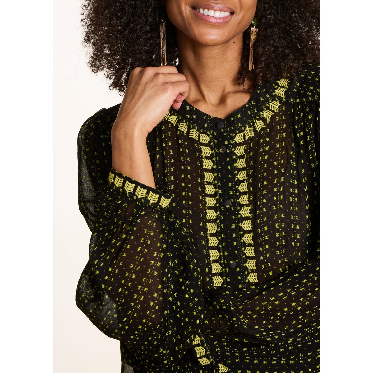 Chemisier en voile avec broderies manches longues biriba, LA FEE MARABOUTEE