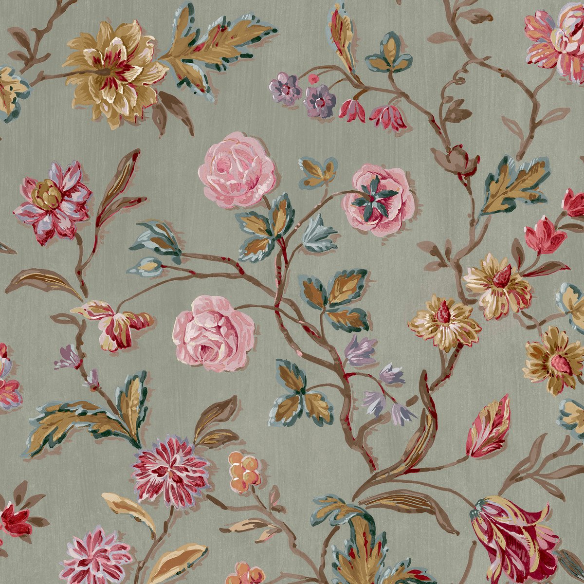 Papier peint Roses, tulipes et fleurs de jardin Lingmell Trail multicolore sur fond vert, LAURA ASHLEY