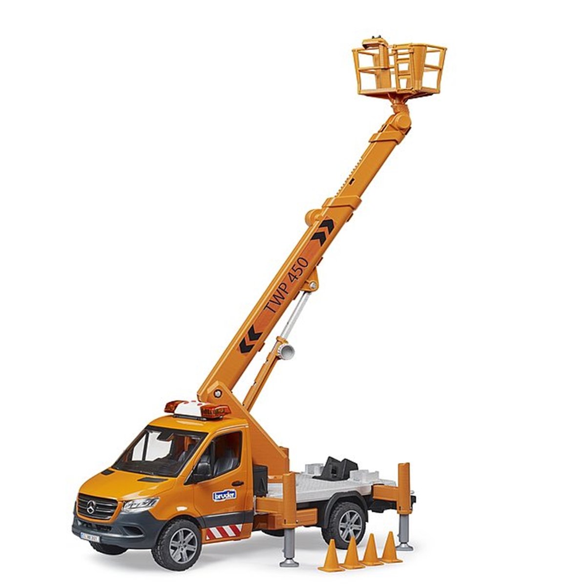 MB Sprinter avec plateforme de travail et module son + lumière orange, BRUDER