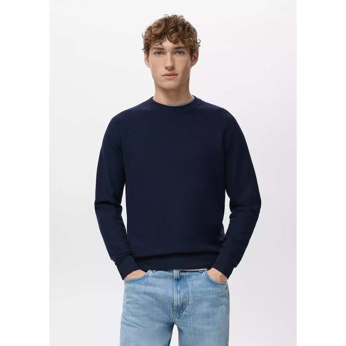 Pull-over maille coton microstructure bleu marine, MANGO MAN