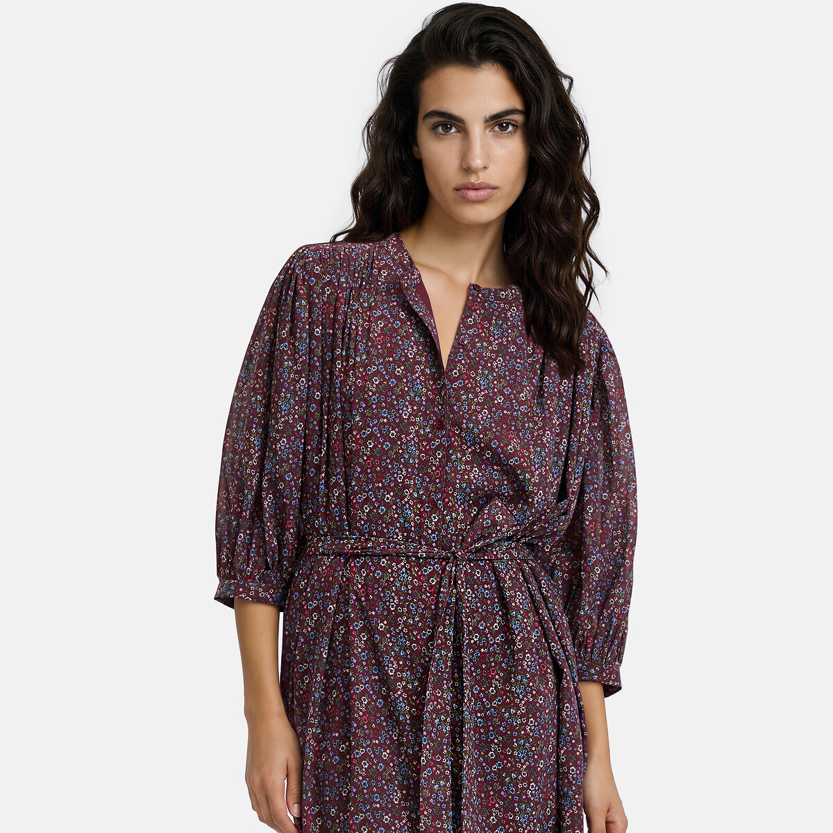 Langes Kleid mit Blumenmuster, 3/4-Ärmeln und Rundhalsausschnitt bordeauxrot geblümt, LA REDOUTE COLLECTIONS