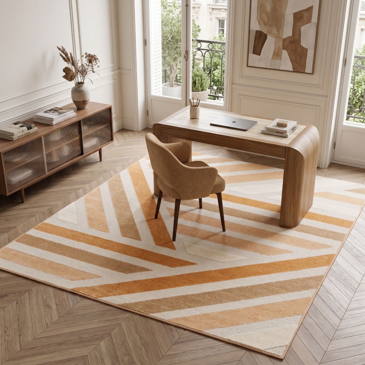 Tapis doux à relief graphique moderne BRELA GEO orange, THE DECO FACTORY
