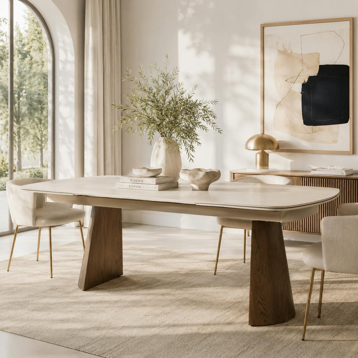 Table à manger céramique extensible à bords arrondis 180-260 cm LARIO beige, PIER IMPORT