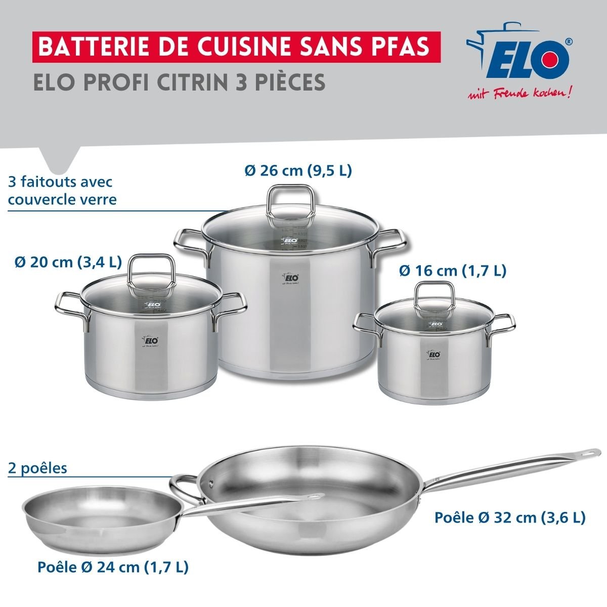 Batterie 2 poêles 24/32cm + 3 faitouts 16/20/26cm PROFI CITRIN gris, ELO