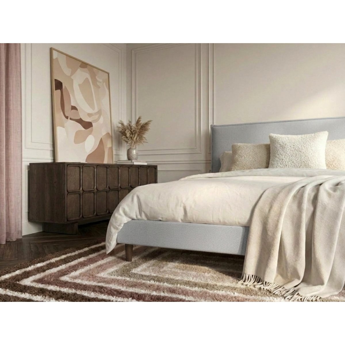 Lit bois revêtement tissu, SARY gris, BOBOCHIC