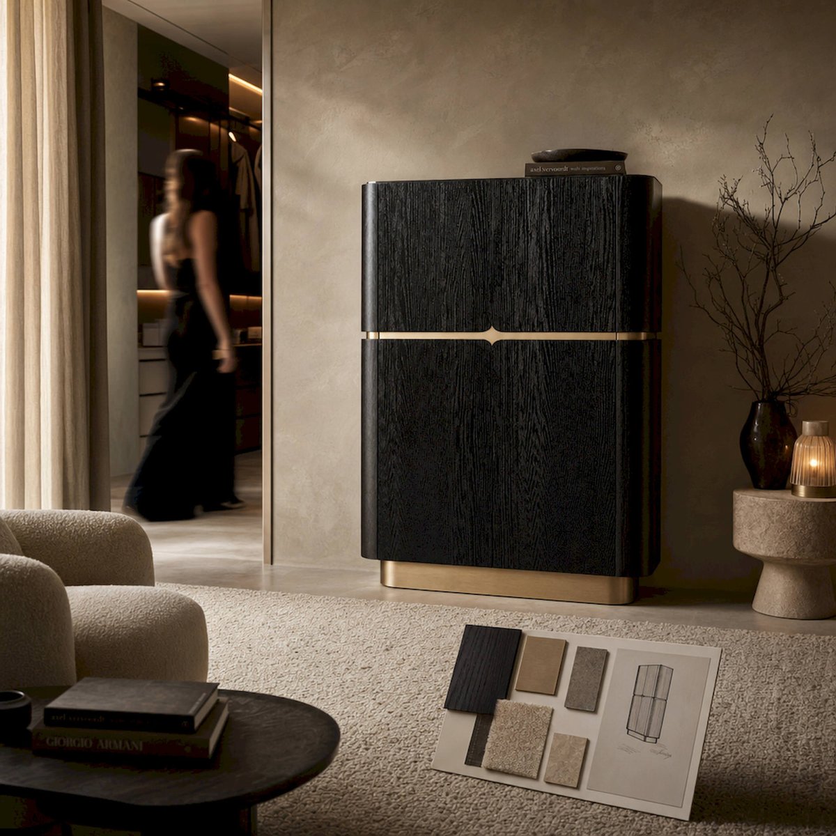 Armoire contemporaine en bois noir et chêne doré, RECOLLECTION