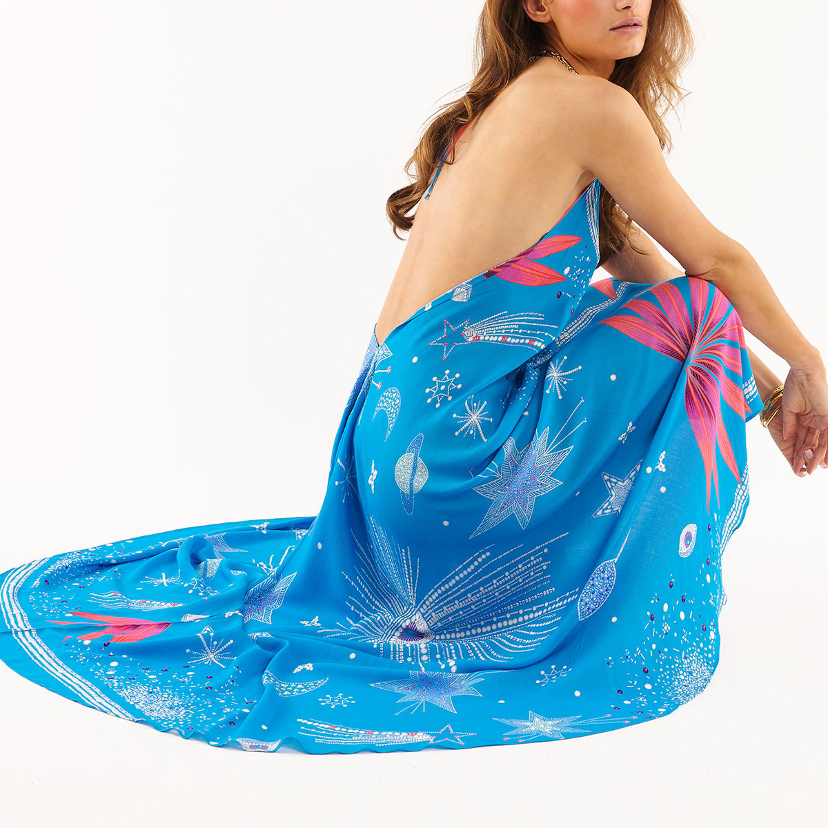 Robe de plage dos nu longue imprimé VOILA COMETE bleu, WILD