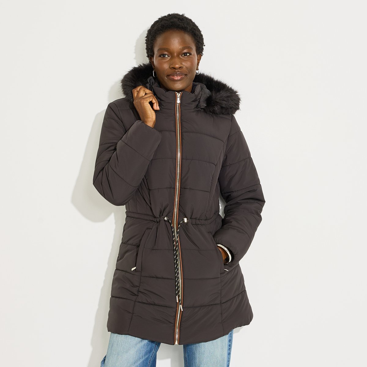 Doudoune mi-longue chaude capuche noir, GRAIN DE MALICE
