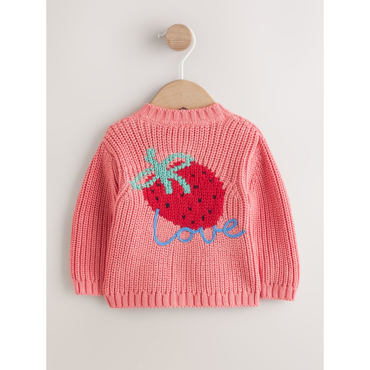 Cardigan bébé brodé dans le dos fraise rose, NEXT