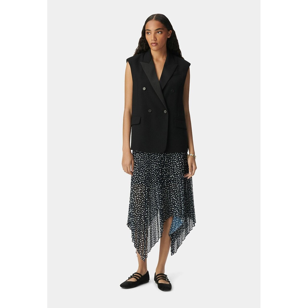 Polka Dot Pleated Midi Skirt with Elasticated Waistband navy, IKKS