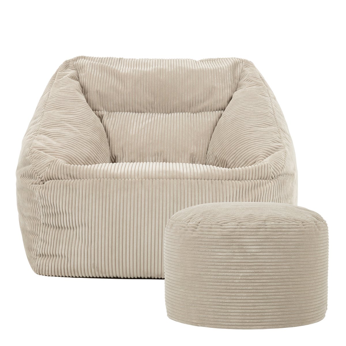 Pouf fauteuil salon et son repose-pied rond velours côtelé Oeko-Tex® - NATALIA beige galet, ICON