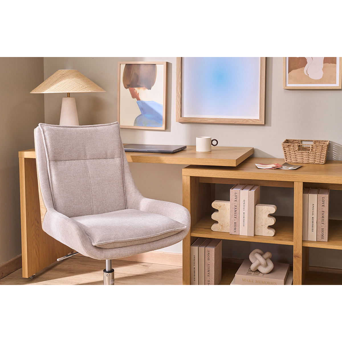 Chaise de bureau à roulettes en tissu effet velours texturé beige et métal chromé BLAISE beige, MILIBOO