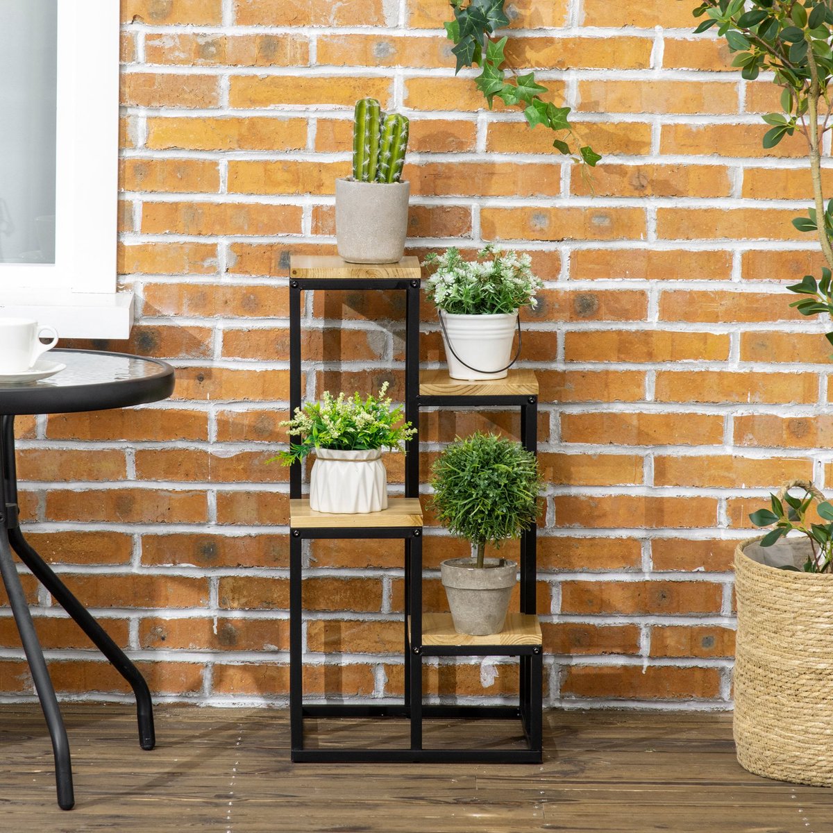 Stand de fleurs Métal Bois naturel beige, OUTSUNNY