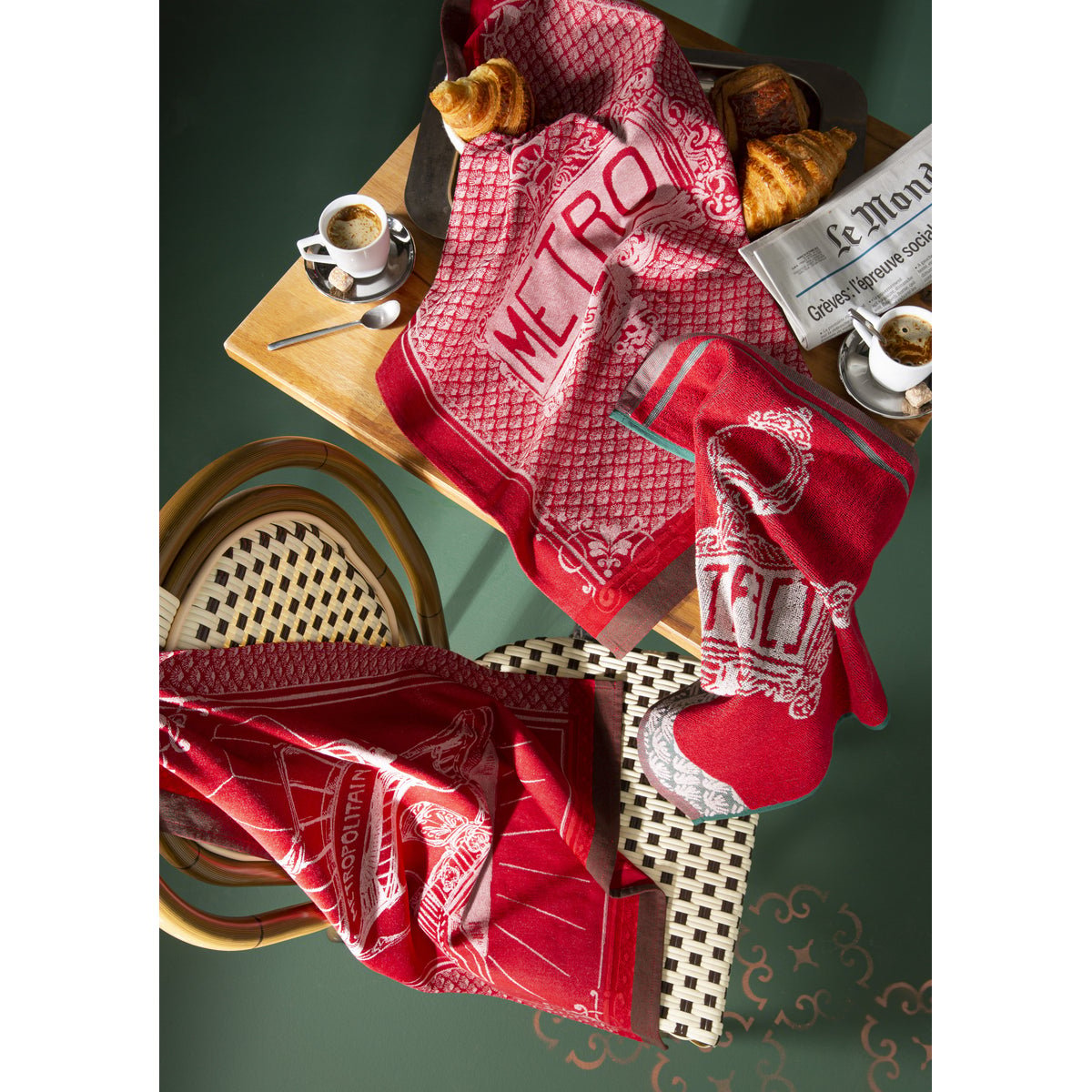 Torchon jacquard en coton PANNEAU MÉTRO rouge, COUCKE