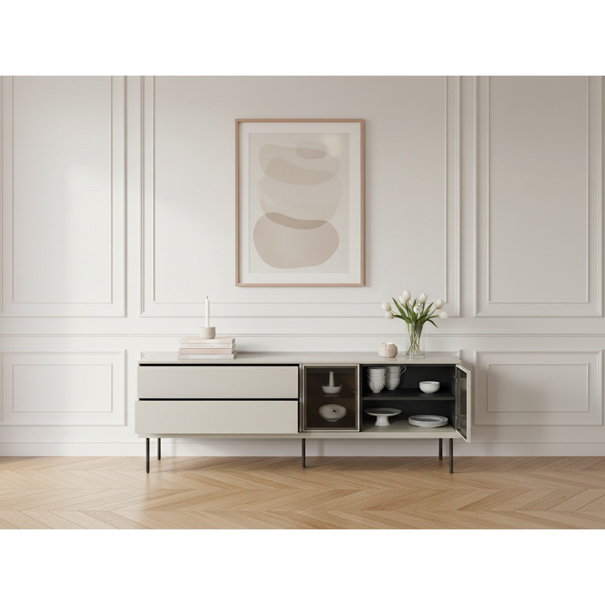 Meuble TV 161 cm panneaux de particules, ESPERA cachemire mat, BOBOCHIC