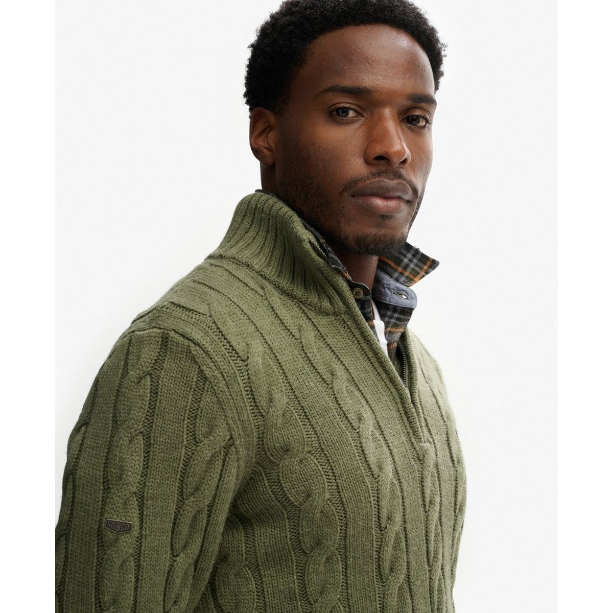 Pull torsadé à col zippé Jacob vert mousse, SUPERDRY